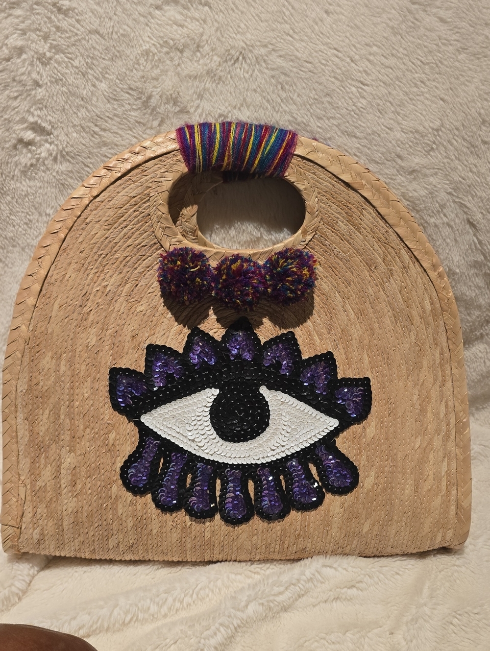Handwoven Evil Eye Embellished Straw Tote Bag - Purple & White